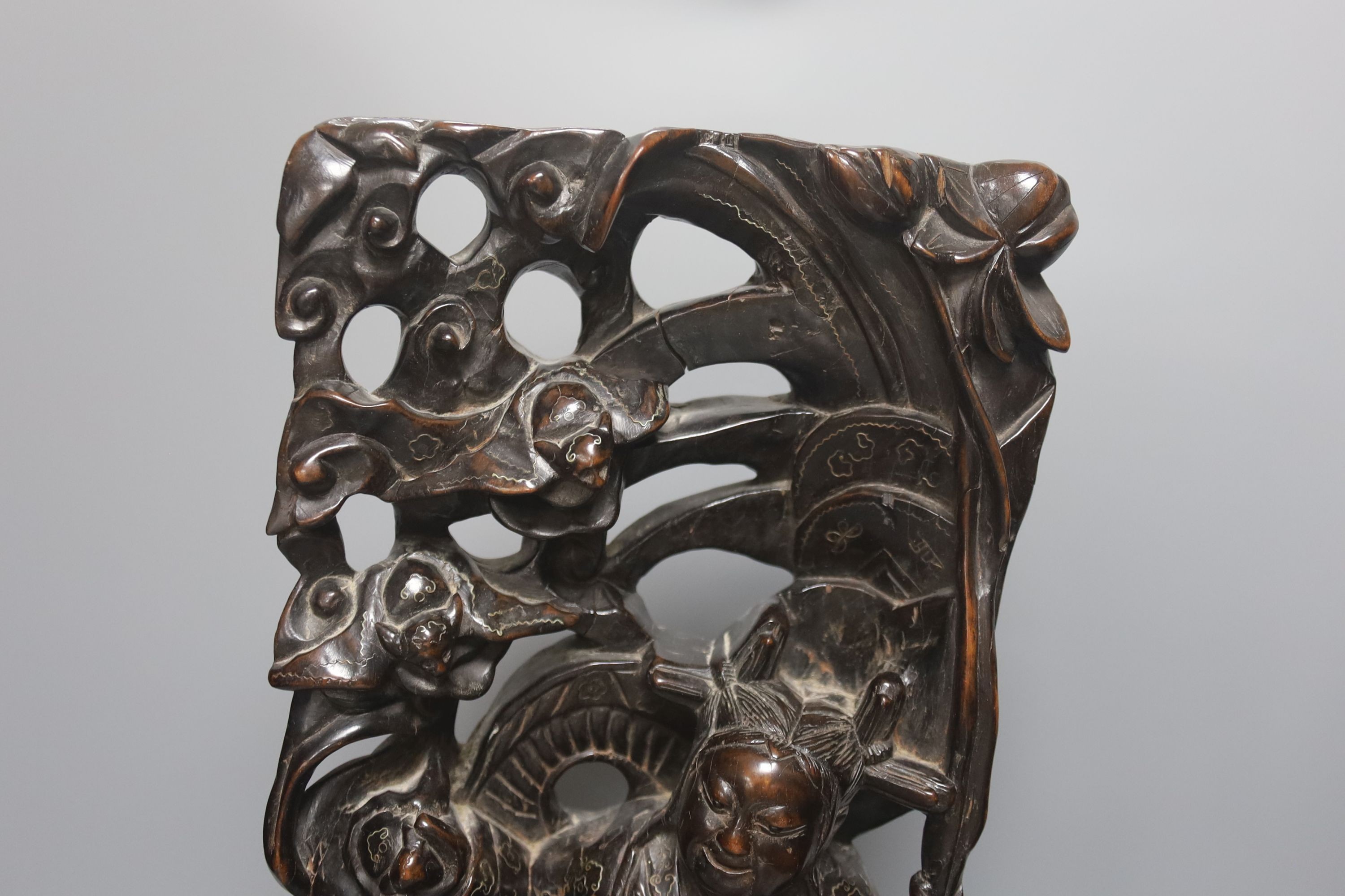 A Chinese hardwood and wire inlaid group of the He He Erxian and a similar figure of Budai, both early 20th century, tallest 49cm